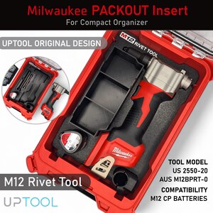 May include: A red Milwaukee Packout insert for a compact organizer, featuring an M12 rivet tool. The insert includes compartments for tools and accessories. The text "UPTOOL ORIGINAL DESIGN" is visible. The tool model is US 2550-20, compatible with M12 CP batteries.