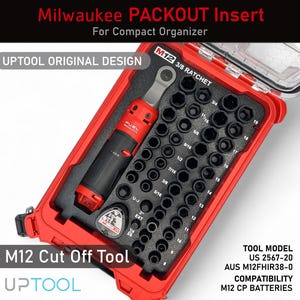 May include: Red Milwaukee Packout insert for compact organiser. Contains a M12 3/8 ratchet and a set of black sockets. The insert is designed by UPTOL. The text "M12 Cut Off Tool" is visible.