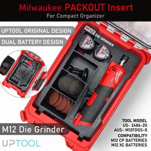 May include: Red Milwaukee PACKOUT insert for a compact organizer, featuring an M12 die grinder and accessories. The insert includes compartments for tools, grinding discs, and batteries. The text on the image reads "UPTOOL ORIGINAL DESIGN" and "DUAL BATTERY DESIGN".