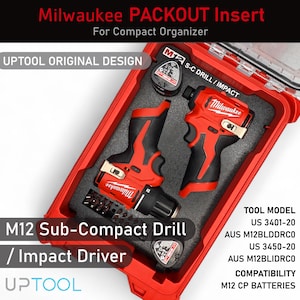 May include: A red Milwaukee Packout insert for a compact organizer, holding a red and black M12 sub-compact drill and impact driver. The insert includes the text "UPTOOL ORIGINAL DESIGN" and "M12 Sub-Compact Drill / Impact Driver".