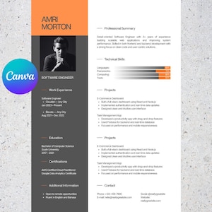 May include: A Software Engineer's resume template with a photo, name, and contact details. The document outlines work experience, education, and technical skills. The Canva logo is visible in the upper left corner. The resume is in a modern design.