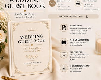 Luxe minimalistisch bruiloftsgastenboek, bewerkbare canvassjabloon (direct downloaden)
