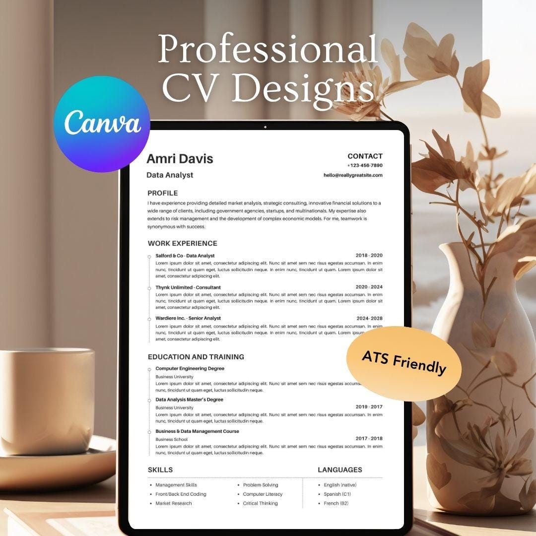 Modern Minimalist Resume Template Canva | ATS Friendly CV (instant ...