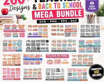 May include: A digital mega bundle of 260+ teacher and back-to-school designs in SVG, PNG, EPS, and DXF formats. The collection features colorful typography, school-themed graphics, and phrases for apparel, mugs, and stickers with commercial use included.