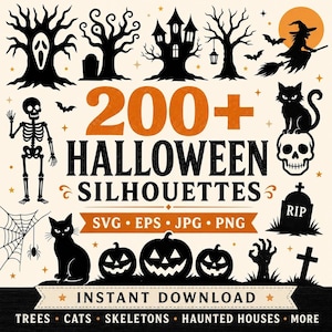 Peut inclure: Une collection numérique de 200+ silhouettes d'Halloween avec des icônes noires de squelettes, chats, citrouilles, maisons hantées, arbres et sorcières sur fond crème. Le texte inclut 200+ HALLOWEEN SILHOUETTES, SVG EPS JPG PNG, INSTANT DOWNLOAD, et TREES CATS SKELETONS HAUNTED HOUSES MORE.