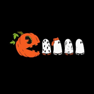 May include: An orange jack-o'-lantern with a toothy grin is chasing a line of four white ghosts. The ghosts are all different shapes and sizes, and one is wearing a red hat.