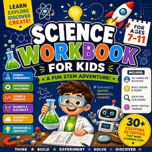 Peut inclure: Un cahier d'exercices scientifiques pour enfants avec une couverture bleu foncé illustrée d'un enfant en blouse tenant un bécher vert, un robot, une fusée et des ampoules. Le texte indique Learn Explore Discover Create, Science Workbook for Kids et A Fun Stem Adventure.