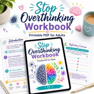 Arbeitsbuch gegen Grübeleien für Erwachsene, Tagebuch für Grübler, druckbare Arbeitsblätter zur kognitiven Verhaltenstherapie bei Angstzuständen, PDF zu Grübeleien und mentaler Klarheit