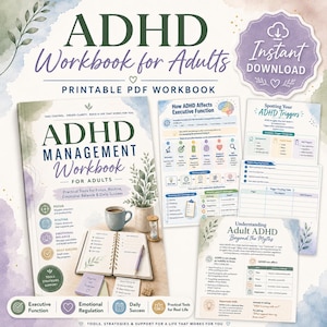 Peut inclure: Un cahier d'exercices imprimable sur la gestion du TDAH pour adultes, avec une couverture montrant une tasse de café, un carnet et un sablier. L'ensemble inclut plusieurs pages sur les fonctions exécutives et les déclencheurs avec des motifs aquarelle.