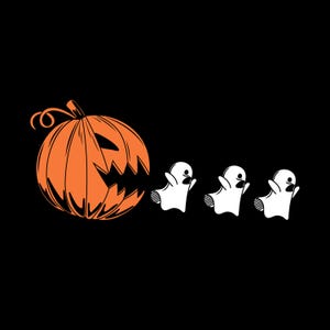 May include: A cartoon jack-o'-lantern with a wide open mouth is chasing three white ghosts. The ghosts are running away from the pumpkin.