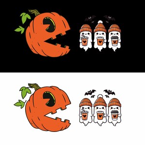 Puede incluir: Una calabaza naranja con una boca tipo Pac-Man está comiendo tres fantasmas que llevan gorros de punto naranja y sostienen tazas de chocolate caliente. Los fantasmas están volando frente a un fondo negro.