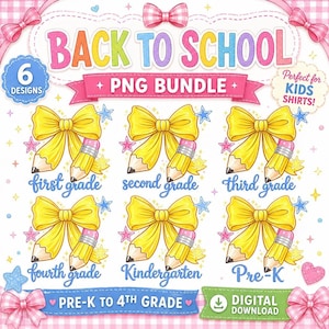 Coquette Back to School PNG Bundle, Pencil Bow Designs for Grades Pre-K to 4th