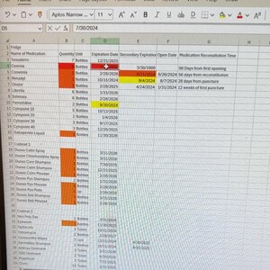 May include: A spreadsheet with a list of medications and their expiration dates. The spreadsheet is organized by category, with columns for the name of the medication, the quantity, the unit, the expiration date, the secondary expiration date, the open date, and the medication reconstitution time.