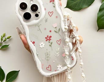 Floral Clear Phone Case with Heart Design and Beaded Strap Cute Protective Aesthetic Phone Cover for iPhone 17 16 15 14 13 12 11 Pro Max