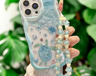 Ocean Turtle Phone Case with Seashell Design and Beaded Star Charm Strap Beach Protective Cover for iPhone 17 16 15 14 13 12 11 Pro Max