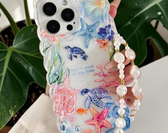 Ocean Turtle Phone Case with 3D Seashell Design and Pearl Beaded Strap Beach Aesthetic Clear Protective Case