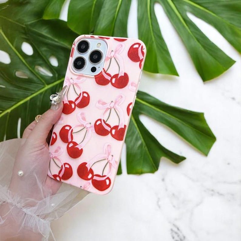 Cherry Pattern Pink Phone Case Cute Fruit Design Protective Cover Girls Gift iPhone Case for iPhone 16 15 14 13 12 11 Pro Max XR X XS image 3
