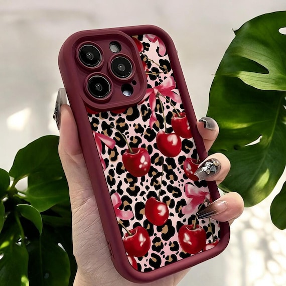 Cherry Leopard Print Phone Case with Pink Bow Design for iPhone 17 16 15 14 13 12 11 Pro Max XR X XS 7 8 Plus Shockproof Cute iPhone Case