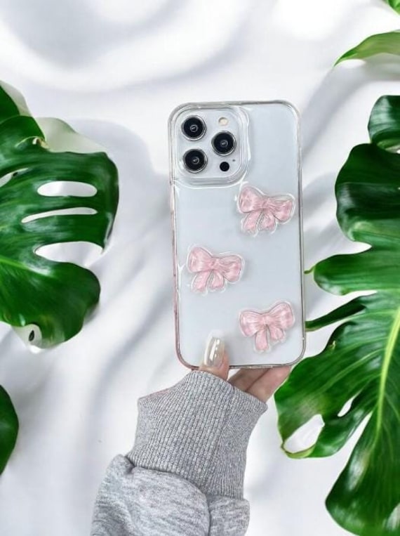 3D Pink Bow Clear Phone Case for iPhone 16 15 14 13 12 11 Pro Max XR X XS 7 8 Mini Shockproof Protective Phone Case