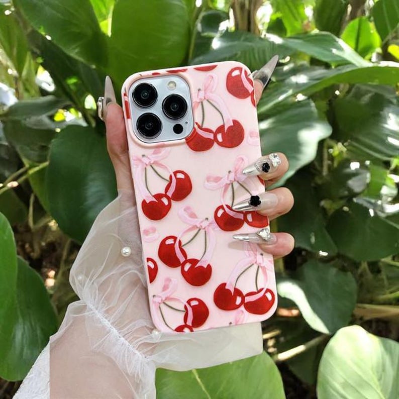 Cherry Pattern Pink Phone Case Cute Fruit Design Protective Cover Girls Gift iPhone Case for iPhone 16 15 14 13 12 11 Pro Max XR X XS image 1