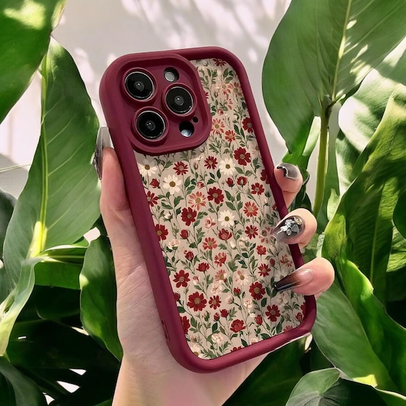 Floral Phone Case with Red and White Daisies Vintage Flower Pattern Protective Case Boho Phone Cover for iPhone 17 16 15 14 13 12 11 Pro Max