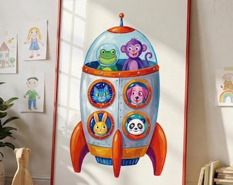 Animal Rocket Ship Print, Outer Space Wall Art, Whimsical Astronaut Poster (Digital Download)