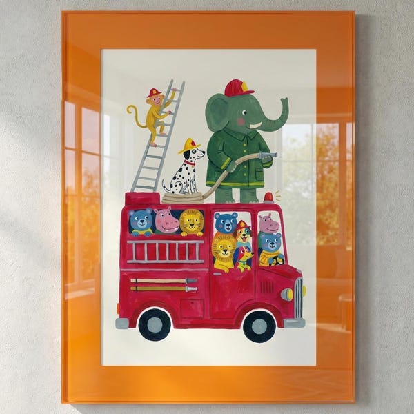 Safari Animals Fire Truck Print, Gouache Acrylic Style, Nursery Folk Art (Digital Download)