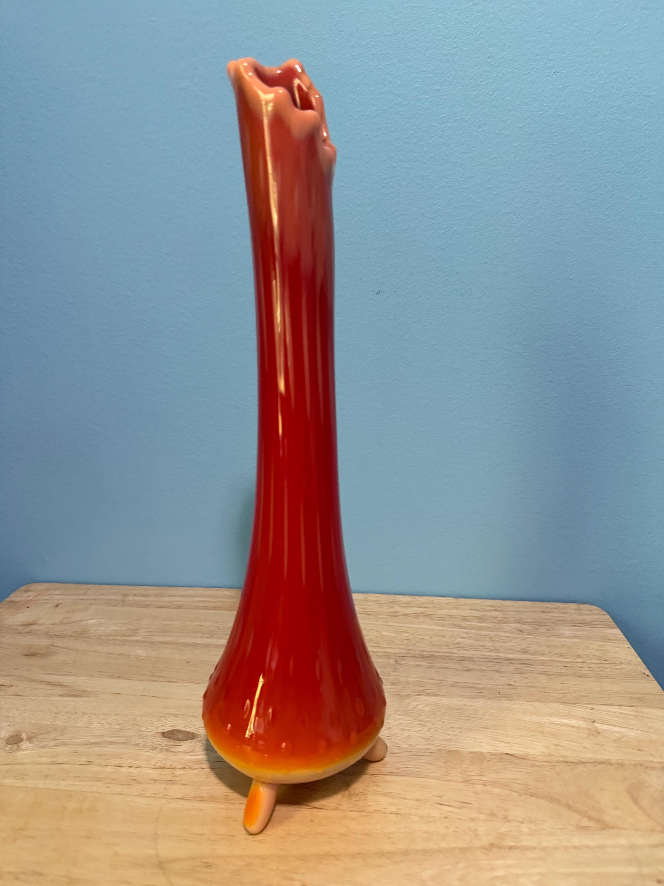 L.E. Smith Bittersweet 3 Toes Swung Vase Orange Yellow Hobnail