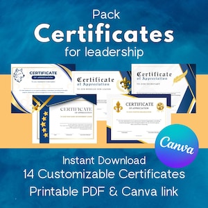 May include: A pack of certificates for leadership, featuring various designs with blue and gold accents. The certificates include text such as "Certificate of Appreciation" and are available for instant download.
