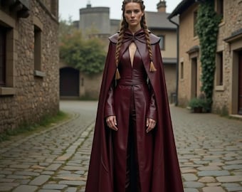 Burgundy Leather Fantasy Cloak | Medieval Hooded Cape Costume | Renaissance Warior Cosplay Outfit | LARP Gothic Viking Steampunk Ensemble