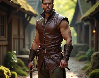 Sleeveless Leather Warrior Vest | Medieval Fighter Costume for Men | Brown LARP Rogue Outfit with Bracers | Fantasy Swordsman Cosplay Look