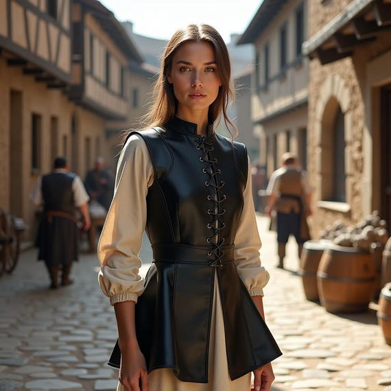 Black Leather Bodice Vest | Women's Viking Renaissance Top | Medieval  Lace-Up Costume | Fantasy LARP Tunic Dress | Historical Cosplay Armor