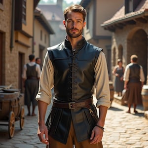 Black Leather Renaissance Vest | Medieval Viking Doublet | Men&#39;s Laced Gambeson Costume | Fantasy Warrior Tunic | LARP Steampunk Armor Top