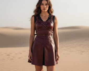 Custom Genuine Leather Warrior Dress Costume | Handmade Maroon Armor Corset with Skirt | Bespoke Fantasy Outfit for Cosplay And LARP