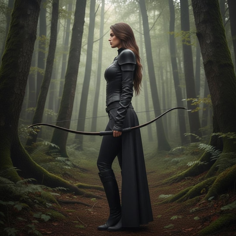 May include: A person in a black outfit stands in a forest, holding a bow. The outfit includes a long-sleeved top with shoulder armor, fitted pants, and a long skirt. The bow is dark brown, and the forest has tall trees and green foliage.