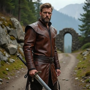 Brown Medieval Warrior Coat | Men's  Genuine Leather Laced Tunic | Renaissance Fantasy Costume | LARP Ranger Outfit | Cosplay Armor