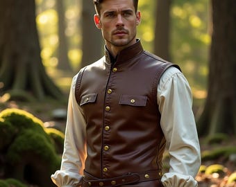 Brown Genuine Leather Mens Vest | Renaissance Fantasy Costume | Sleeveless Doublet with Gold Buttons | LARP Aristocrat Cosplay Look