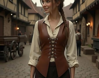 Women's Medieval Leather Corset Vest – Renaissance Faire Fantasy LARP Costume | Brown Real Leather Bodice with Pockets & Lace-Up Front