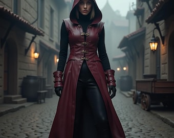 Burgundy Hooded Vest Coat | Women's Medieval Leather Armor |Renaissance Assassin Costume | LARP Rogue Outfit | Gothic Steampunk Trench Cloak