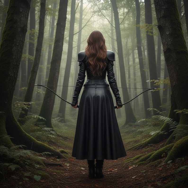 May include: A person in a black leather outfit, holding a bow and arrow, stands in a misty forest. The long-sleeved outfit includes a long skirt and shoulder armor. The archer has long, wavy auburn hair. The background features tall trees and green foliage.
