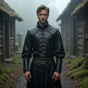 Men&#39;s Black Leather Renaissance Outfit | Medieval Fantasy Warrior Look | Double-Breasted Tunic Costume | LARP Combat Attire with Gold Accent