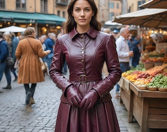 May include: A woman wearing a burgundy leather coat and skirt with a matching leather belt and gloves. She is standing in a market setting with fruit and vegetables in the background.