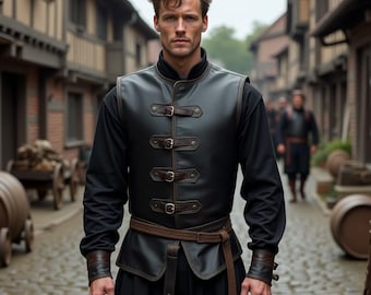 May include: A black leather vest with brown accents and buckles, worn over a black long-sleeve shirt. The vest has a high collar and is paired with a brown belt. The outfit is reminiscent of historical or fantasy attire.