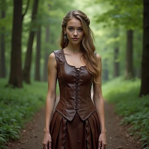 Brown Leather Lace-Up Corset Dress | Medieval Fantasy Costume Look | Renaissance Faire Outfit for Women | Sleeveless Warrior Bodice Style