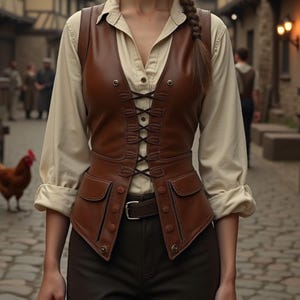 Gilet corset médiéval en cuir pour femme – Costume GN Renaissance Faire Fantasy | Corsage en cuir véritable marron avec poches et lacets sur le devant