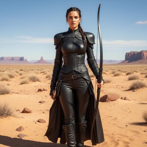 May include: A person in a black leather outfit, holding a bow, stands in a desert landscape. The outfit includes a fitted jacket, pants, and boots. The background features a clear blue sky and distant mesas.