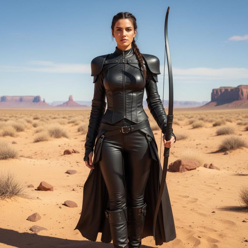 May include: A person in a black leather outfit, holding a bow, stands in a desert landscape. The outfit includes a fitted jacket, pants, and boots. The background features a clear blue sky and distant mesas.