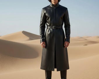 Gabardina de cuero genuino personalizada / Abrigo negro largo hecho a mano con cinturón / Traje de guerrero del desierto a medida para cosplay y moda