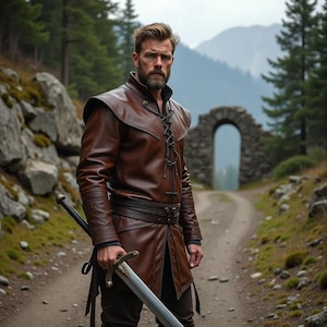 Brown Medieval Warrior Coat | Men&#39;s  Genuine Leather Laced Tunic | Renaissance Fantasy Costume | LARP Ranger Outfit | Cosplay Armor
