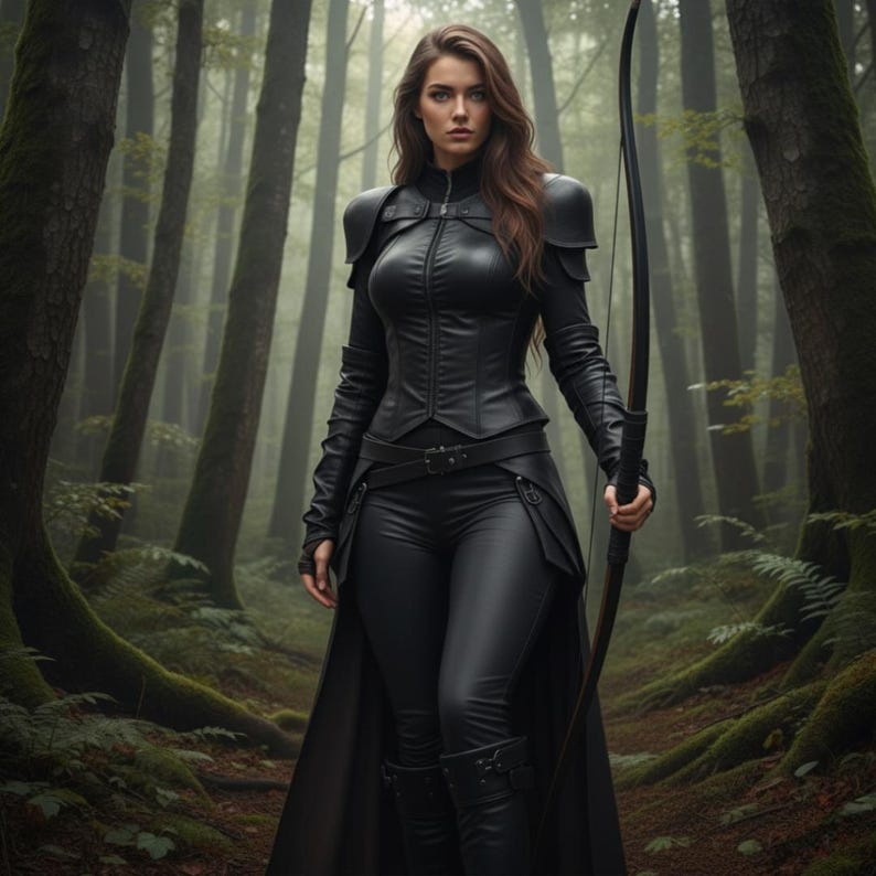 May include: A woman in a black leather outfit stands in a forest, holding a bow. The outfit includes a fitted jacket, pants, and boots. The background features tall trees and a misty atmosphere, creating a fantasy or adventure theme.